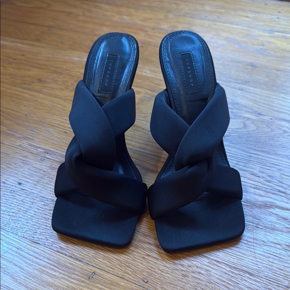 Topshop Black Heeled Square Toe Padded Straps Mules Sandals 4 Inch Height Heels